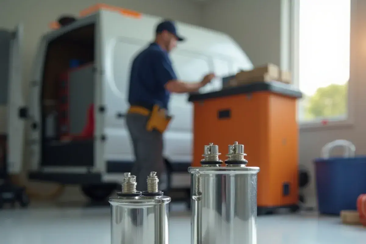 Bulging failed capacitor compared next to brand new replacement capacitor