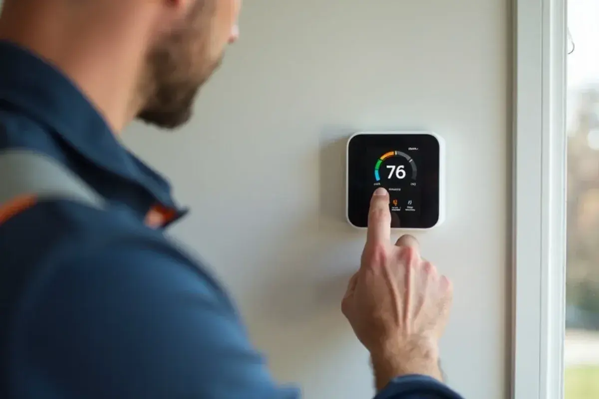 Technician configuring smart touchscreen thermostat for multi-stage cooling