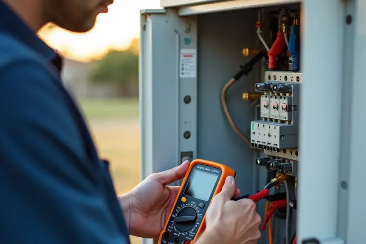 Technician testing electrical contactor on residential AC in Killeen, TX
