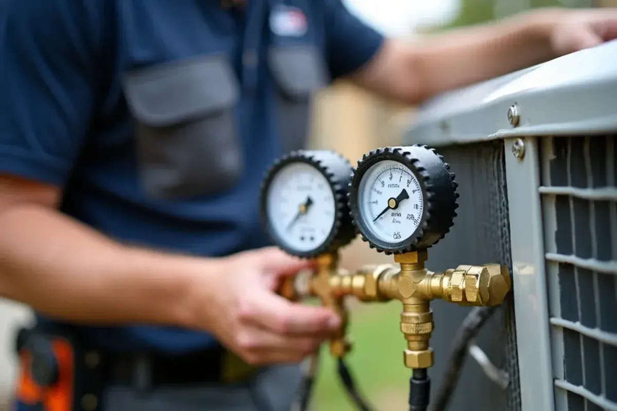 Digital manifold gauges checking operating pressures on AC unit