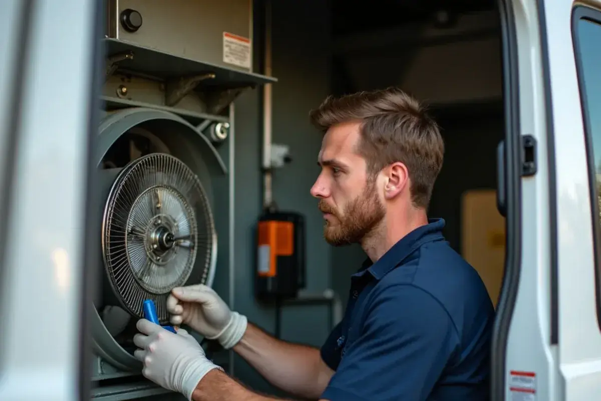 Inspecting indoor air handler blower motor assembly in Central Texas