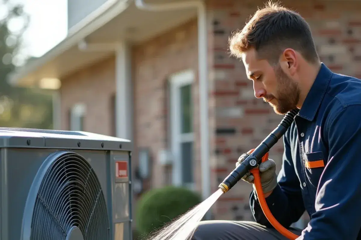 Technician cleaning outdoor condenser coil fins on an AC unit in Killeen, TX