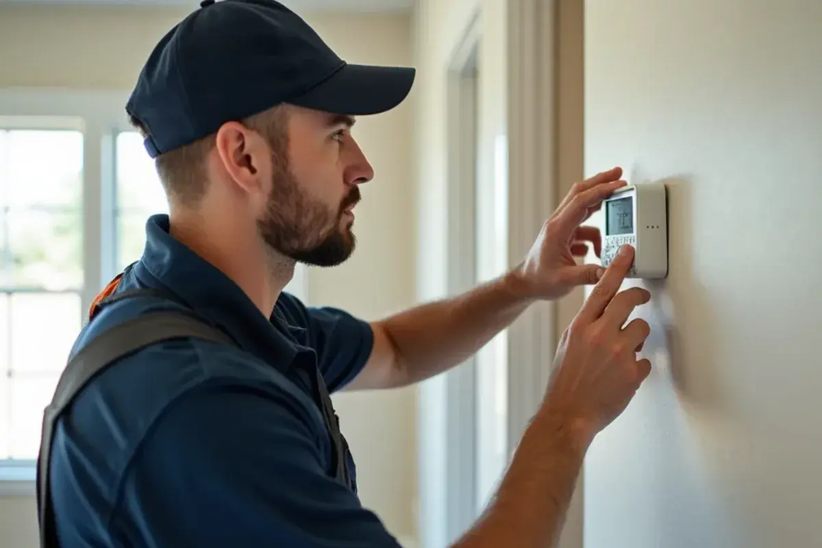 Technician verifying digital thermostat calibration and control signals