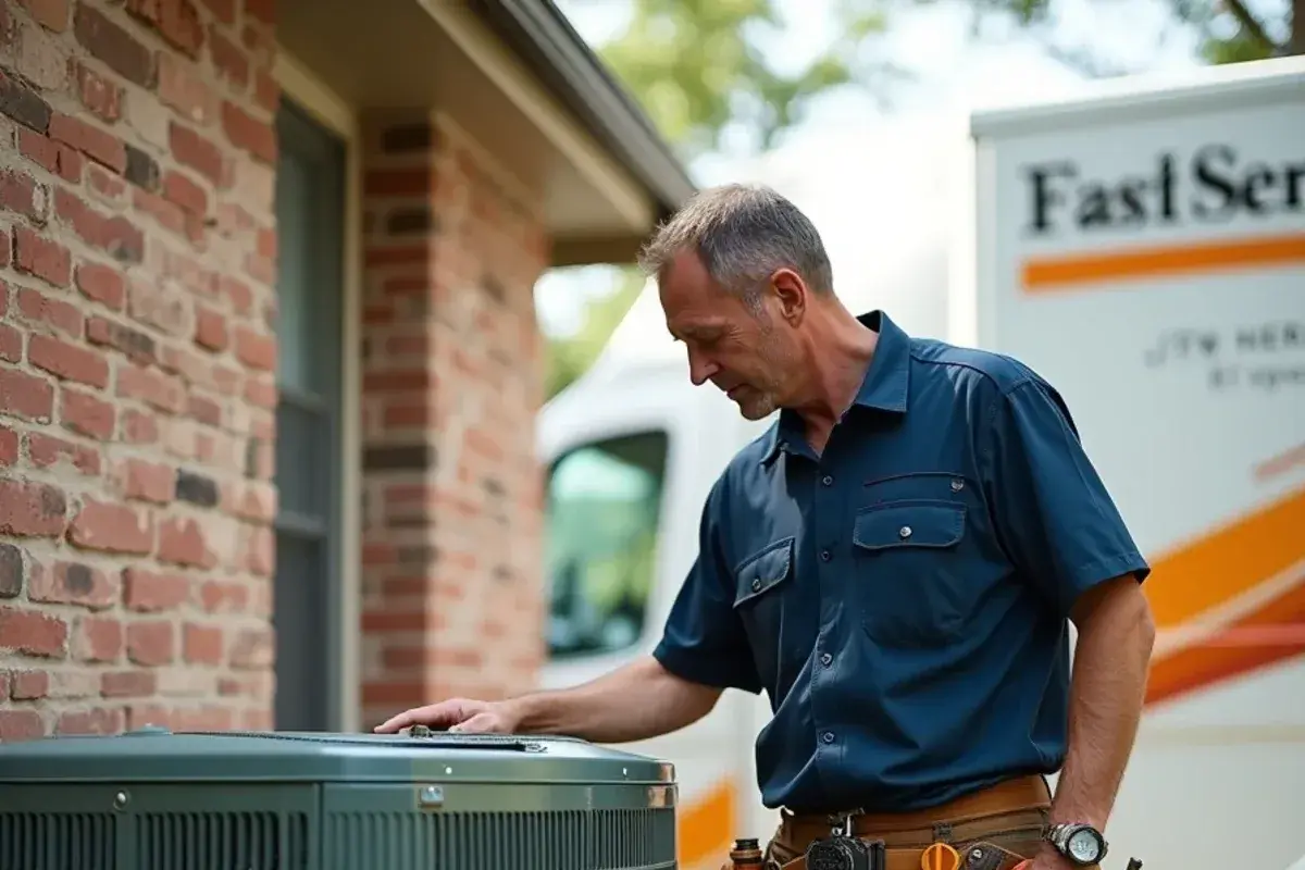 Technician evaluating an older residential split system in a Killeen backyard