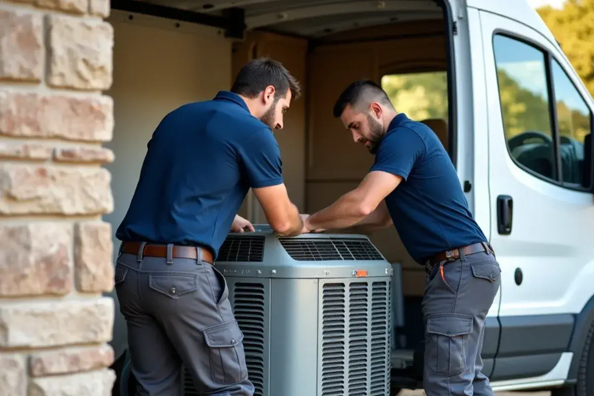 Installation team sliding old air handler out of indoor utility closet