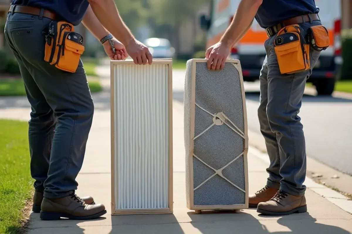 Comparing a clean pleated high-efficiency MERV 11 air filter with a clogged standard fiberglass filter