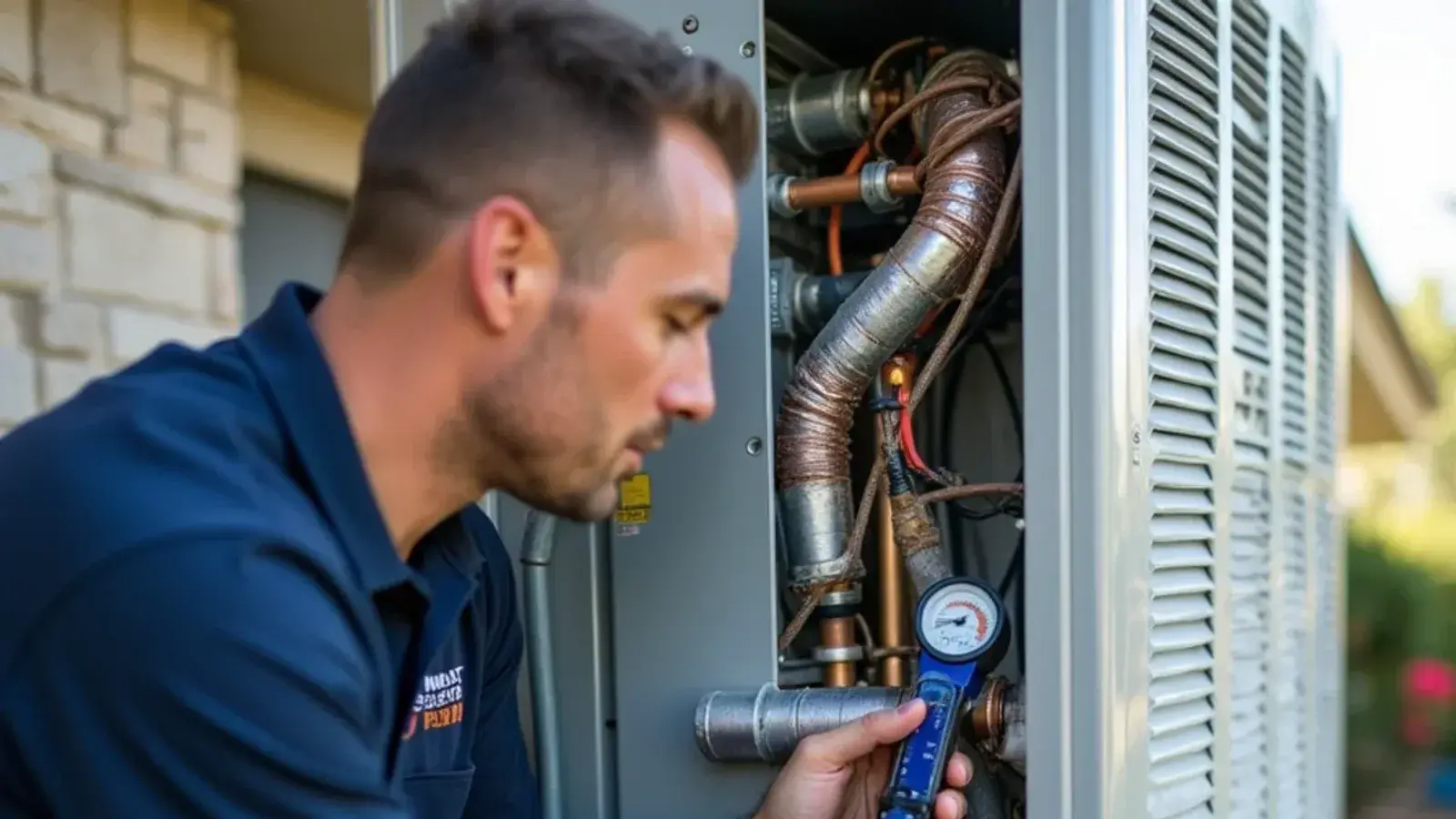 HVAC technician inspecting an iced evaporator coil inside an air handler cabinet in Killeen, TX