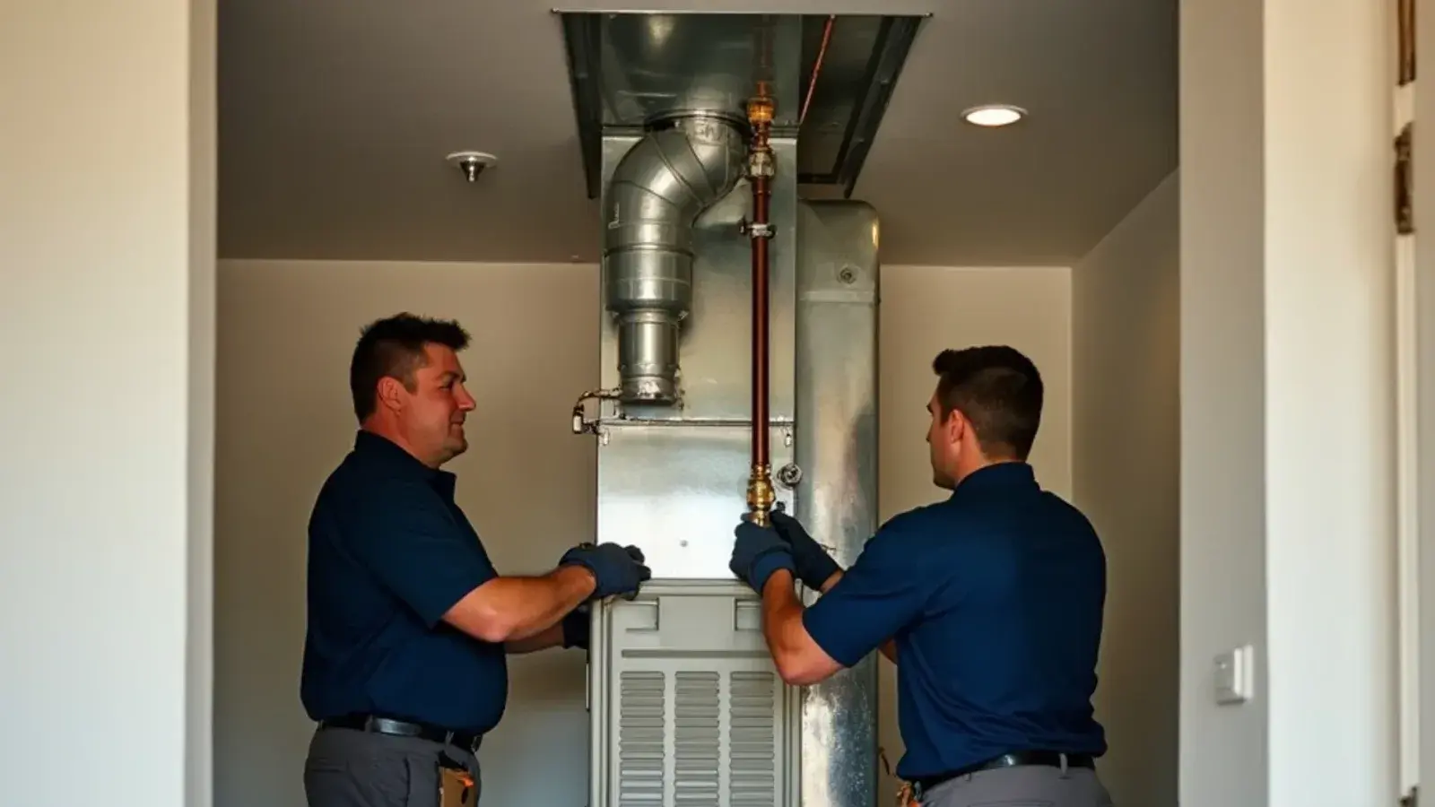 HVAC installation technicians positioning a new high-efficiency gas furnace in a Killeen home