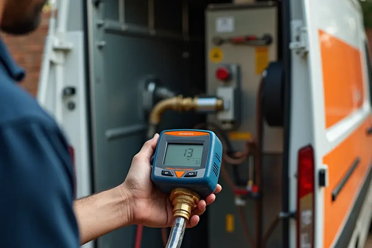 Digital manometer testing gas valve manifold pressure on residential furnace