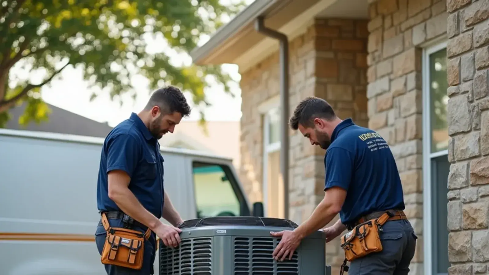 HVAC installation technicians setting a new high-efficiency heat pump on an equipment pad in a Killeen home