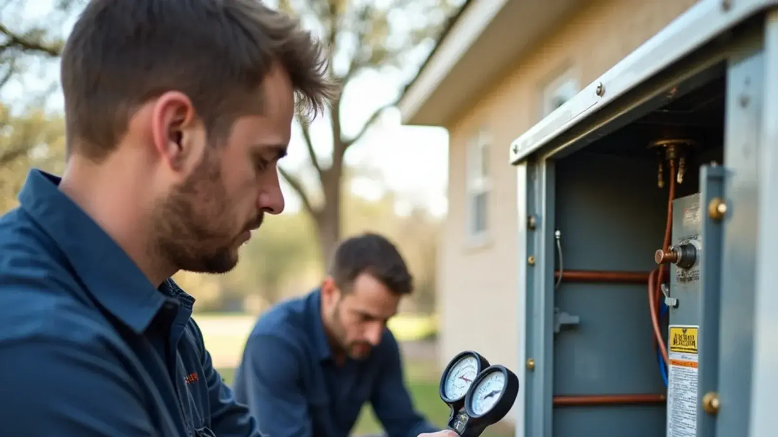 HVAC service technician diagnosing a brass reversing valve on an outdoor heat pump in a Killeen home