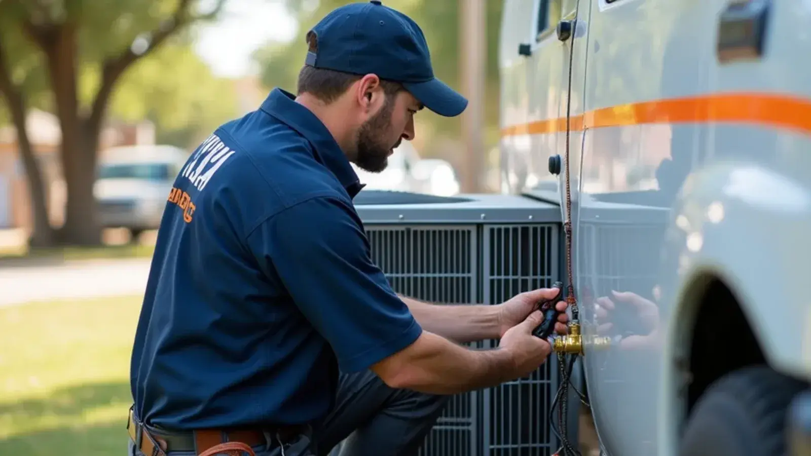 HVAC service technician inspecting an outdoor heat pump unit beside a brick suburban home in Killeen Texas