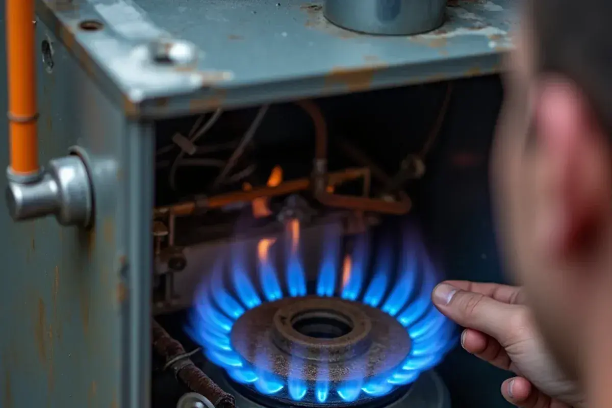 Inspecting clean blue burner flames inside residential gas furnace in a Killeen home