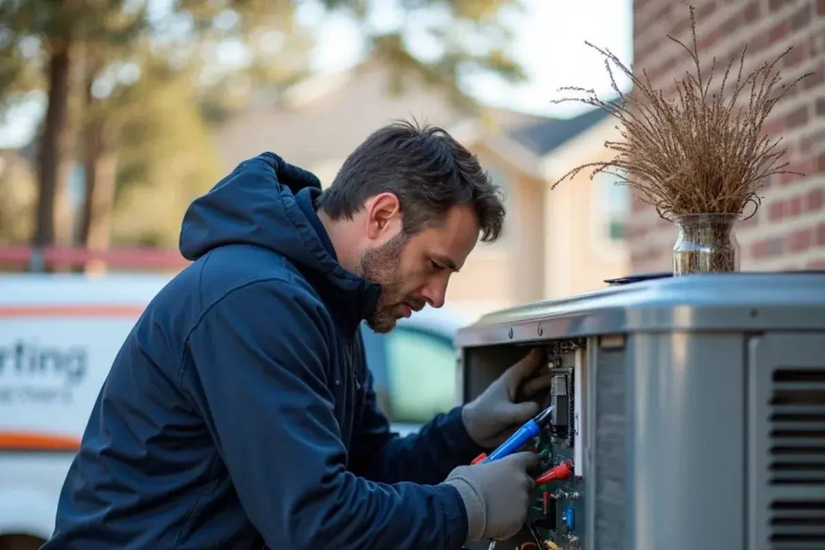 Checking outdoor heat pump defrost control board during winter in a Killeen neighborhood