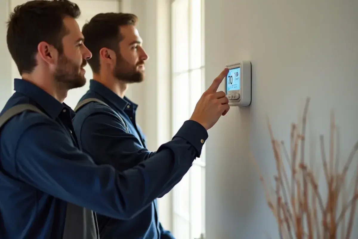 Setting digital thermostat to heating mode and verifying warm air delivery