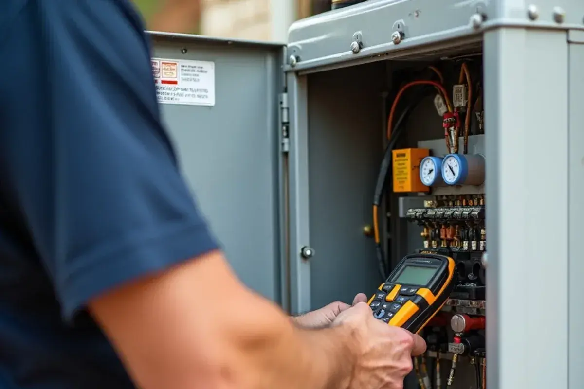 HVAC technician testing an air conditioner dual-run capacitor with a digital multimeter on a residential condenser