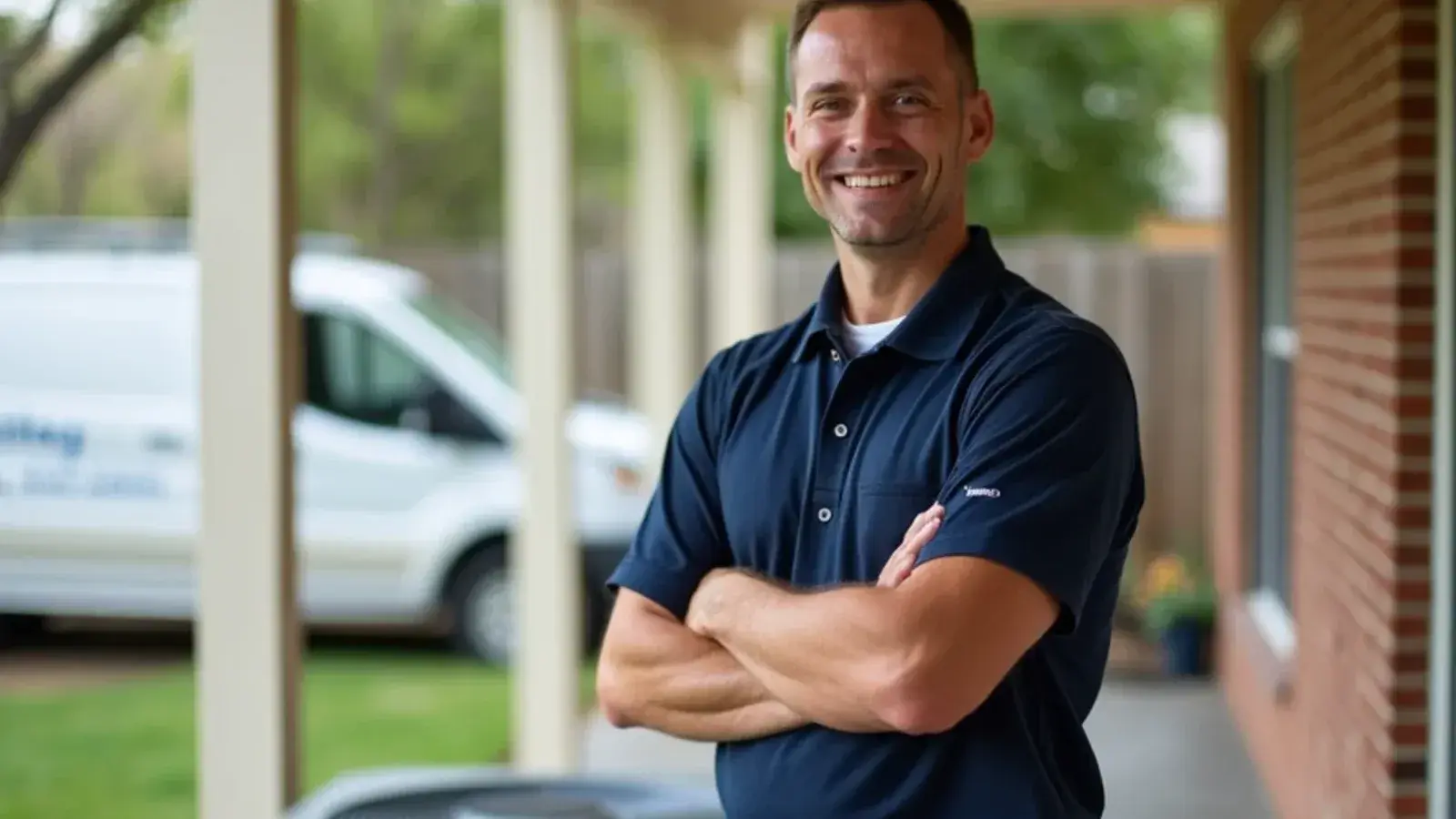 Satisfied homeowner on their front porch smiling after a prompt same-day air conditioning repair