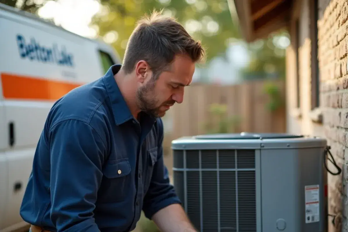 Technician measuring refrigerant line pressures on a Belton heat pump