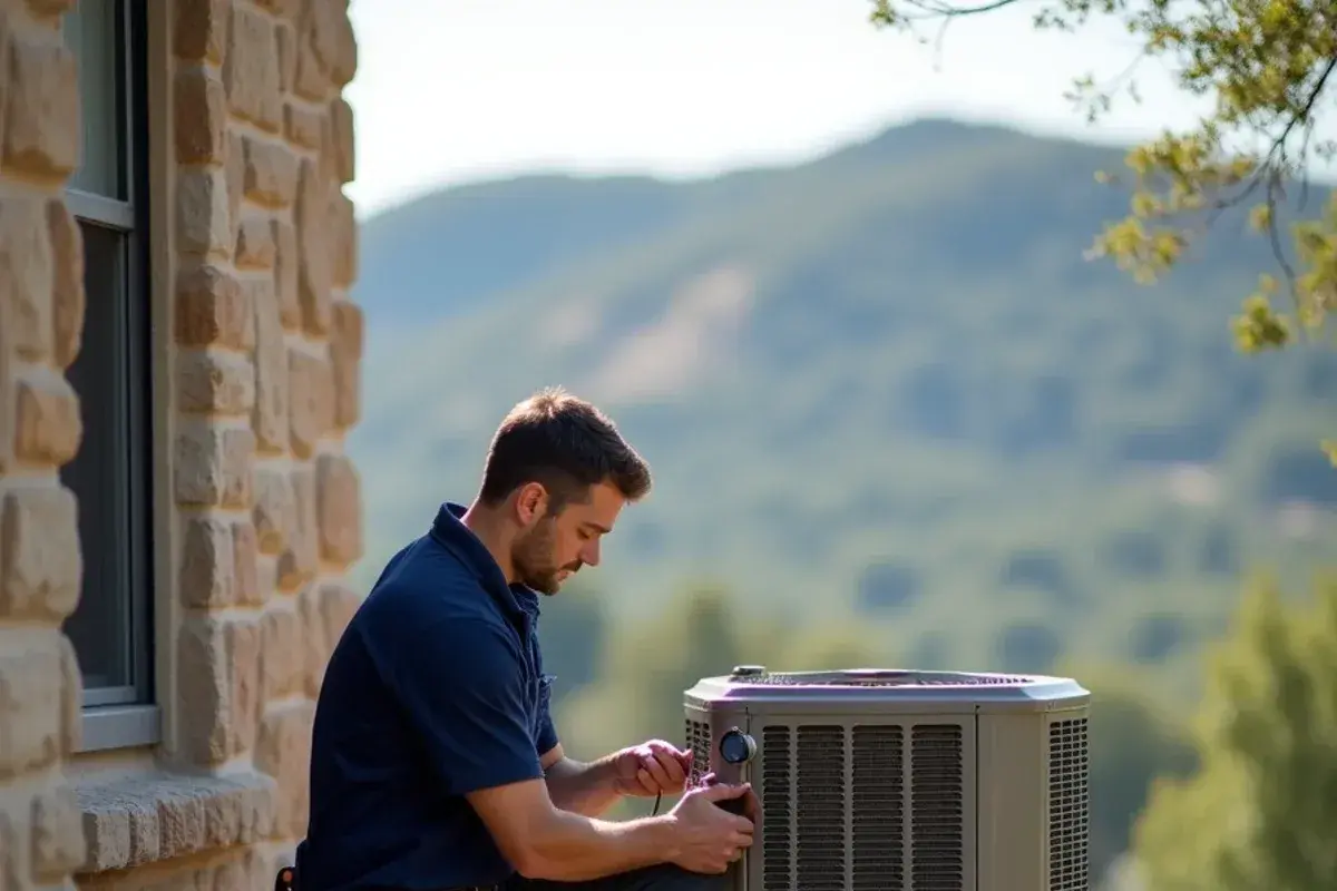 Technician checking outdoor AC condenser in a Copperas Cove neighborhood