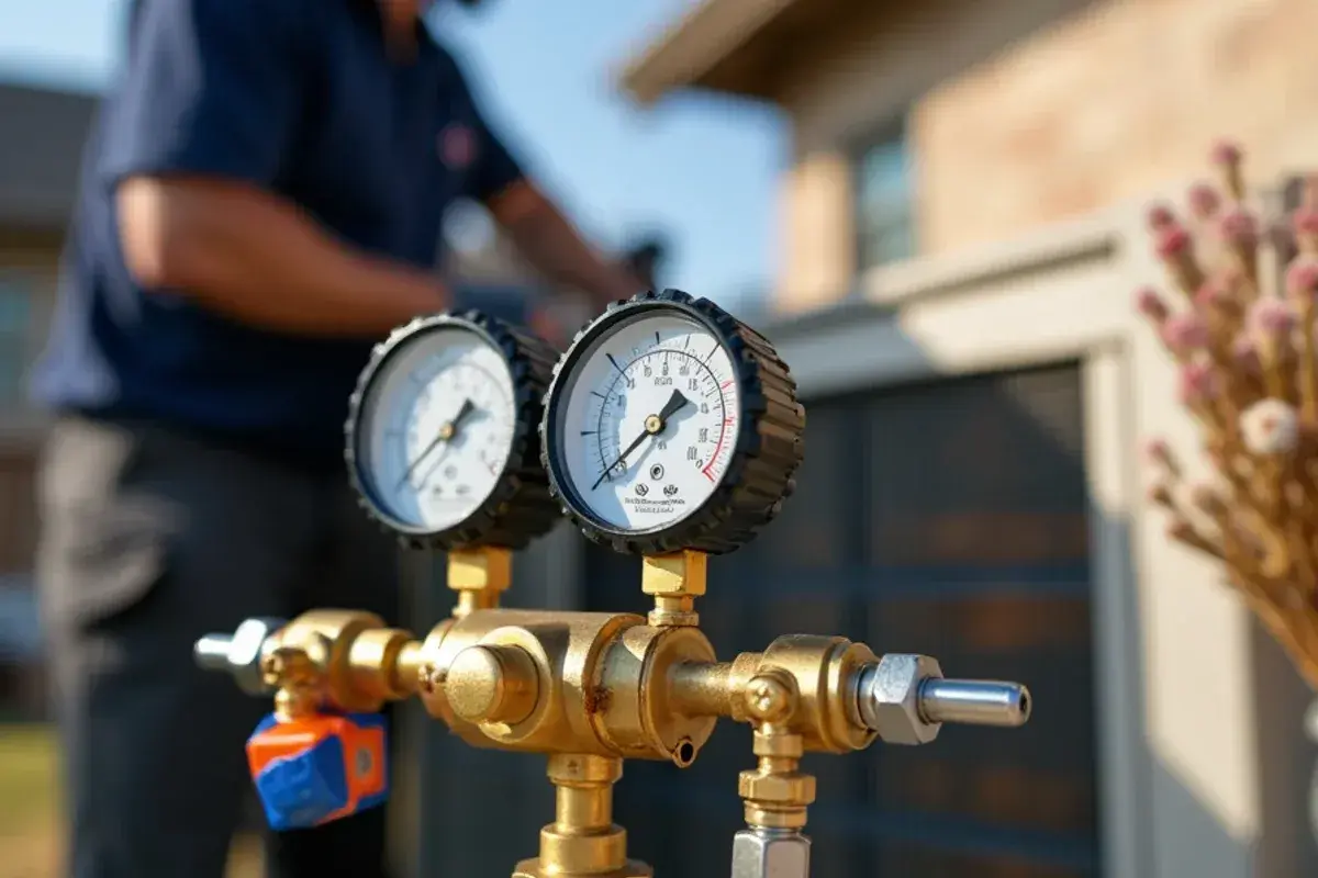 Digital manifold gauges verifying refrigerant pressures on military family residence