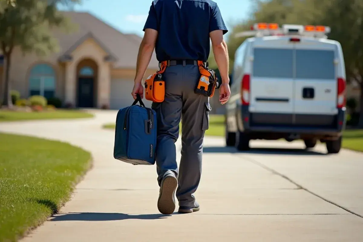 Quality Heating & Air service van arriving near military community gate