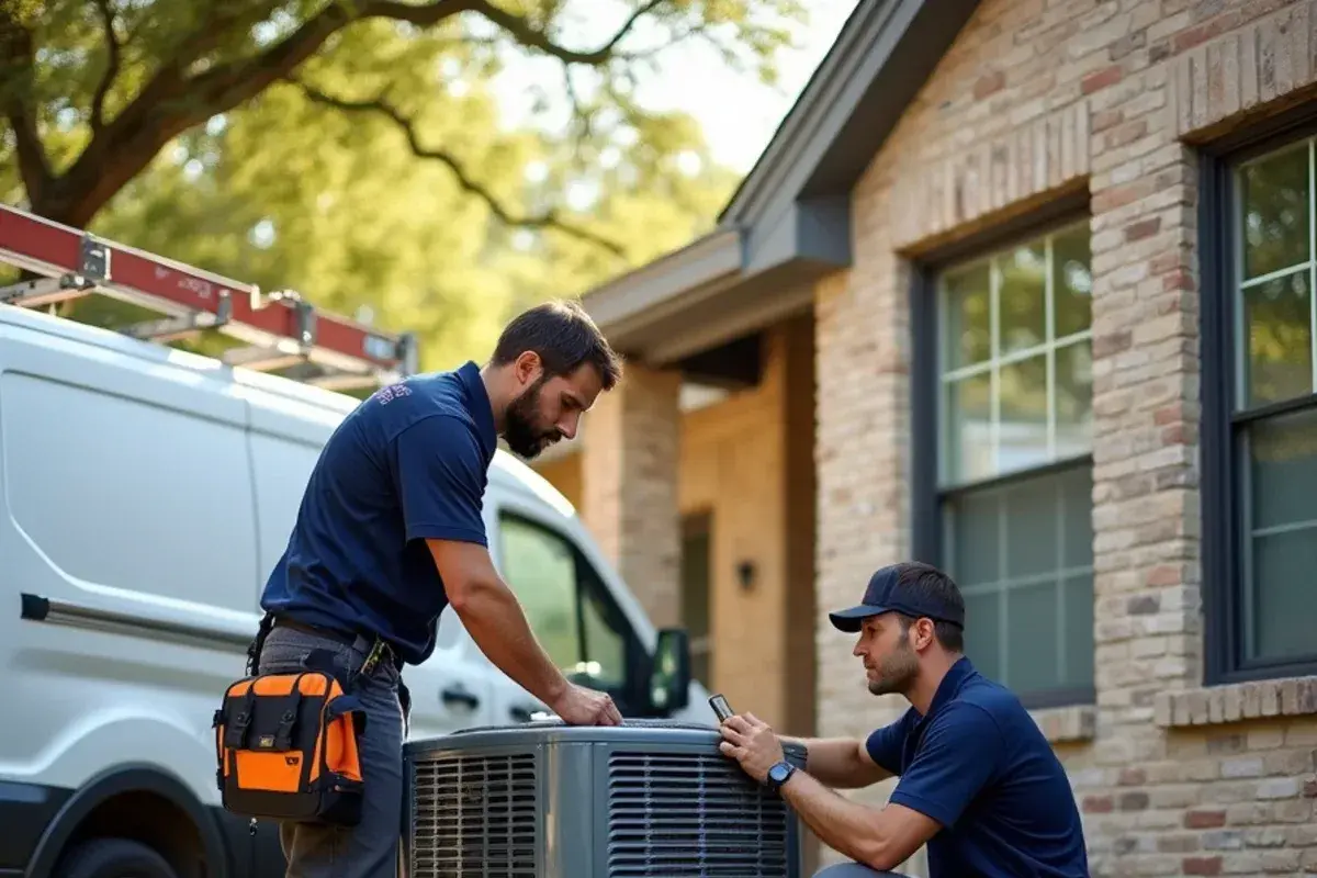 Technician checking dual condenser units at a Harker Heights home