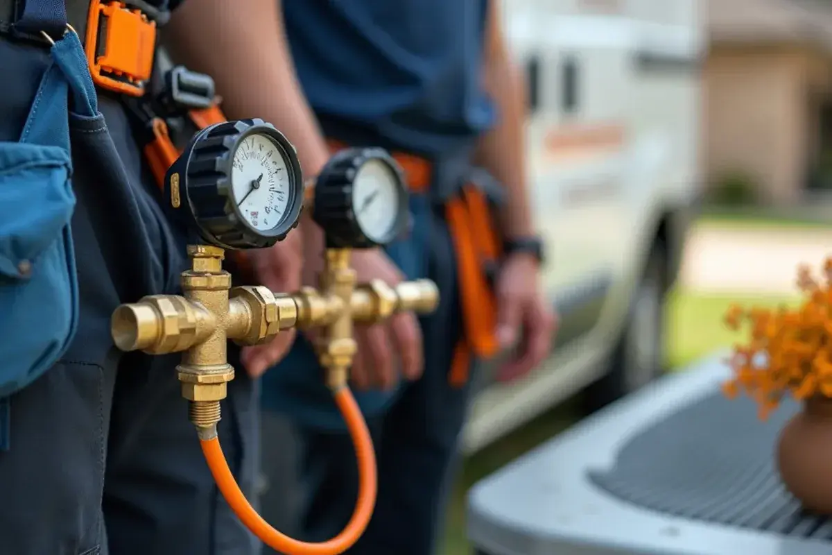 Digital pressure gauges testing refrigerant charge in Harker Heights