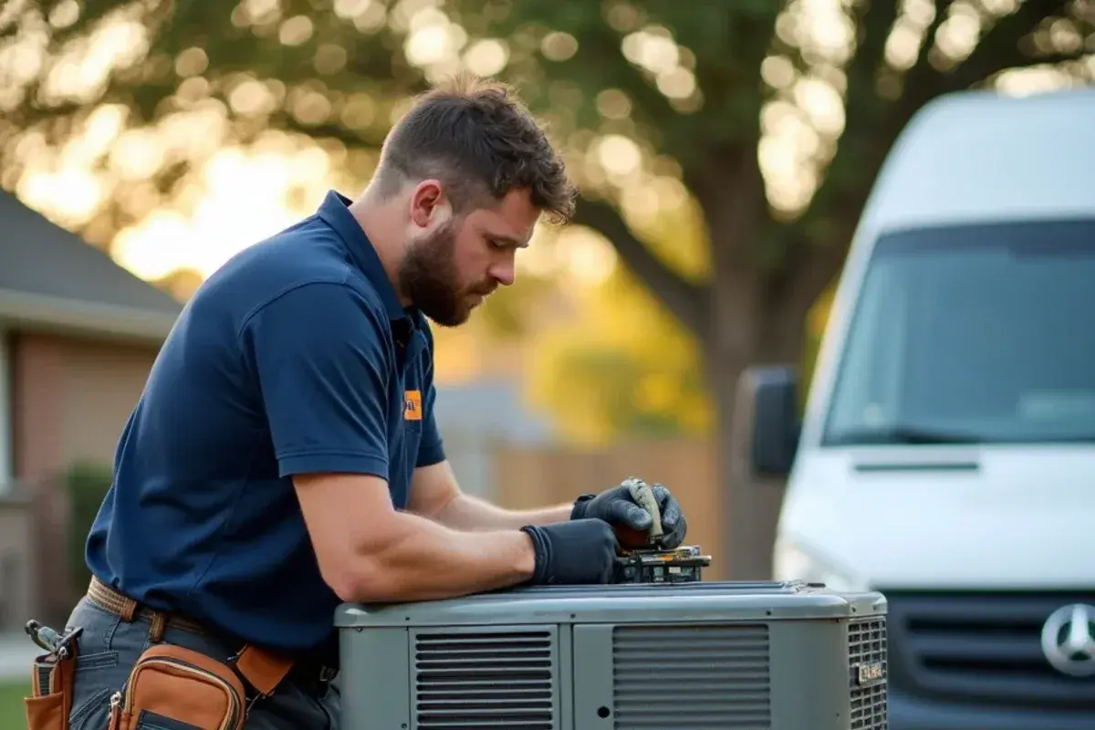 Service technician inspecting condenser fan motor near regional reservoir