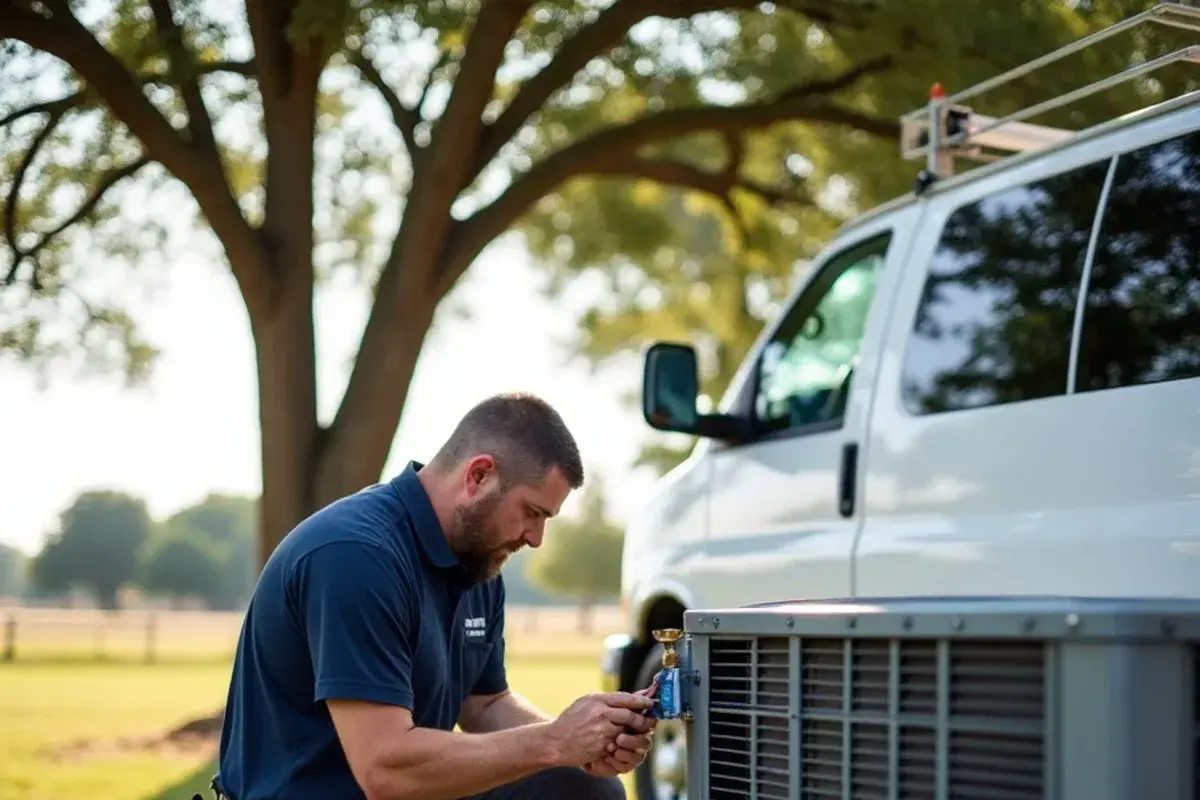 Technician inspecting AC condenser on a rural Kempner acreage property