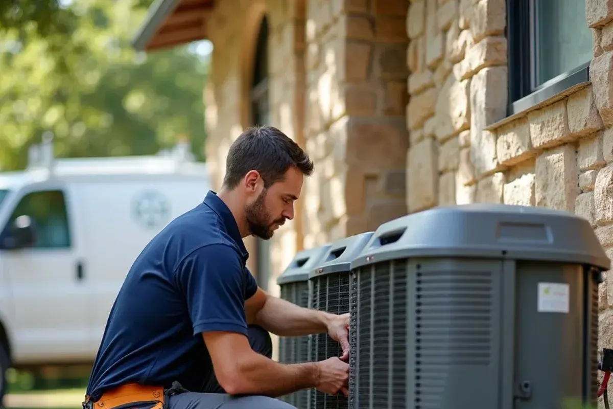 Technician testing residential AC condenser in Lampasas, TX