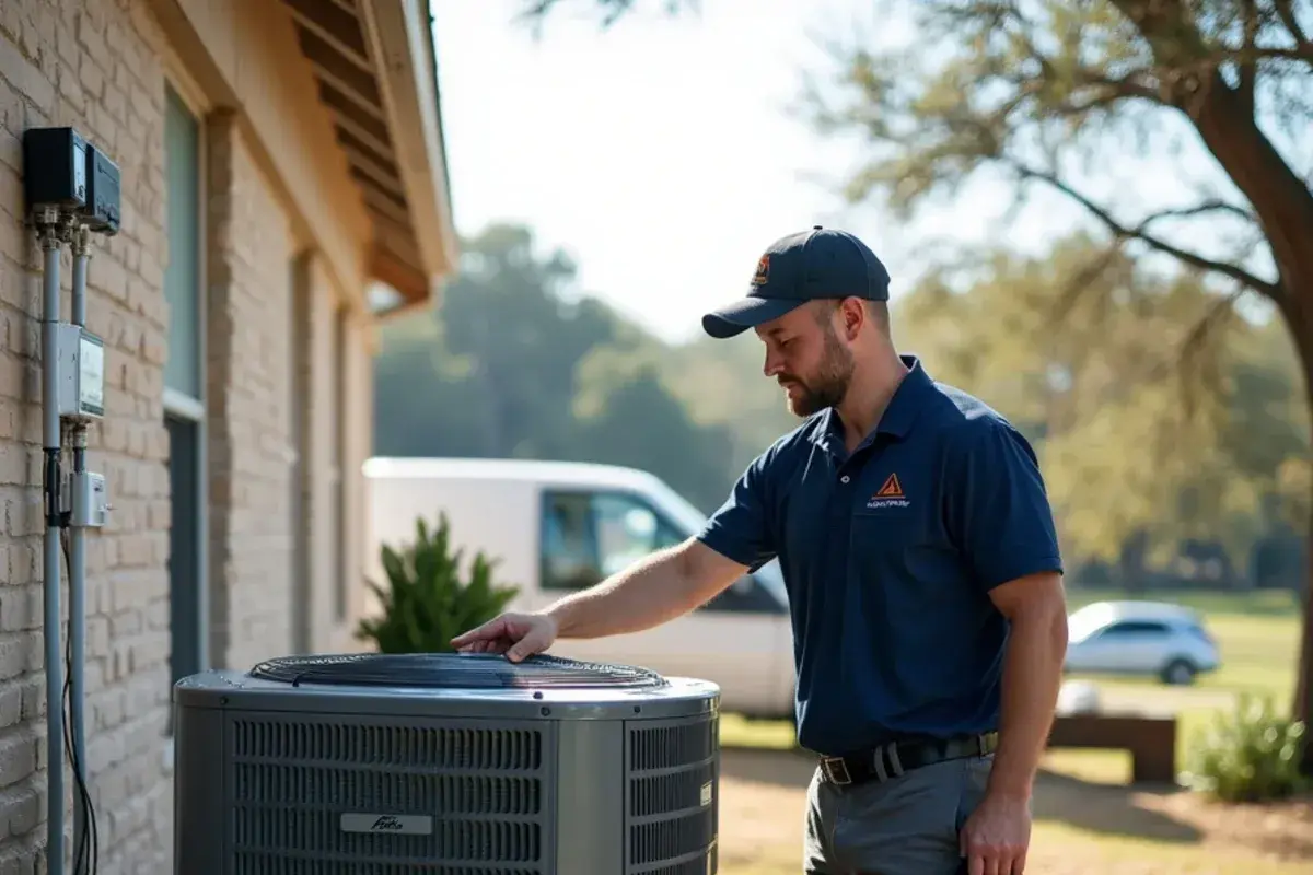 Technician inspecting outdoor AC unit at a Morgan's Point Resort lakefront home