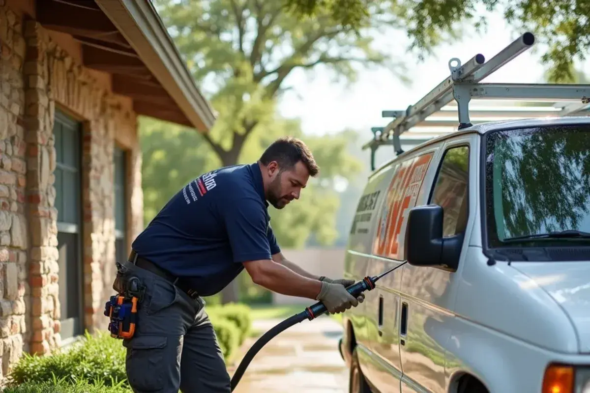 Chemical coil wash on outdoor condenser near Central Texas lake