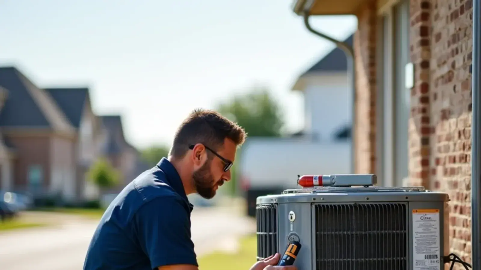 Certified HVAC technician servicing residential air conditioner in Troy, TX