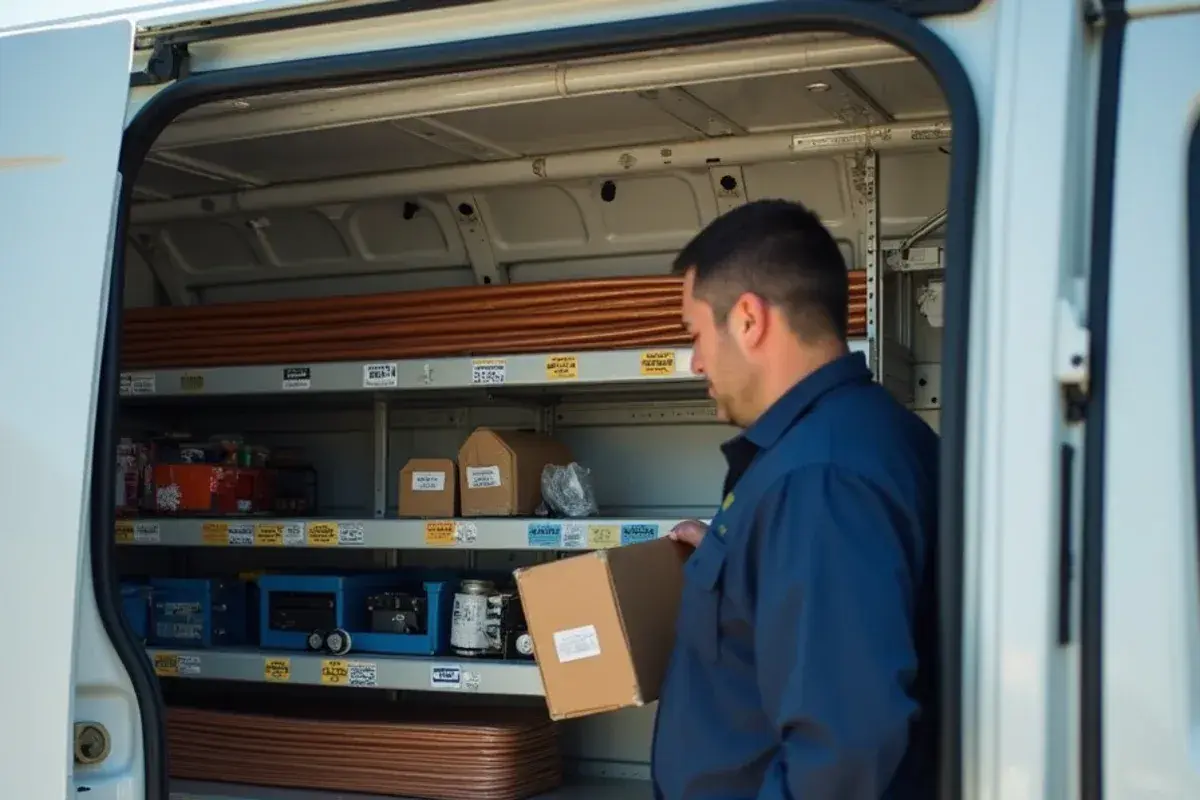 HVAC service technician organizing labeled tool cases and replacement motors inside an organized service vehicle