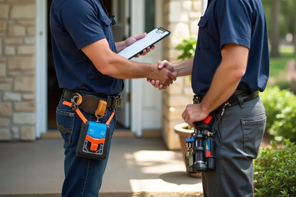 HVAC technician discussing written repair options and equipment diagnostic readings with a homeowner