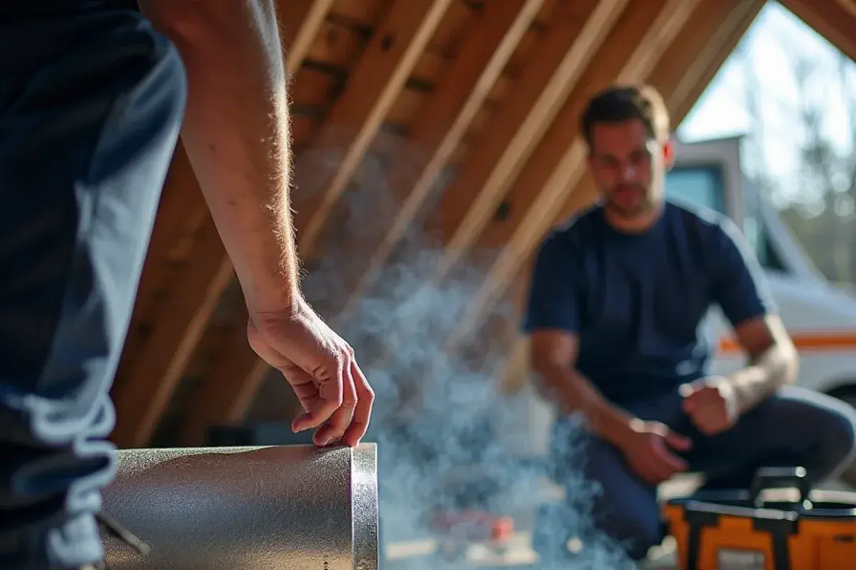 Testing air duct connection seams in an attic with a theatrical chemical smoke pencil to reveal air leakage
